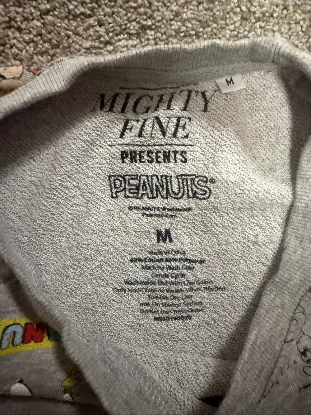 Mighty Fine Gray Peanuts Sweatshirt with Red and Blue Accents